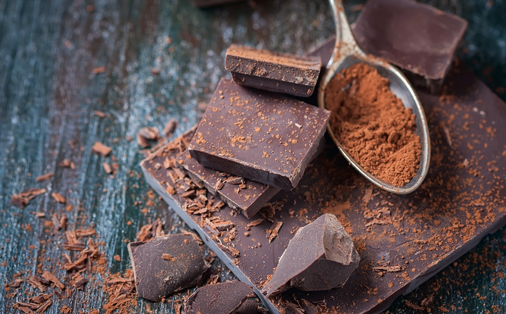 Dark chocolate bars and cocoa powder in a spoon. 