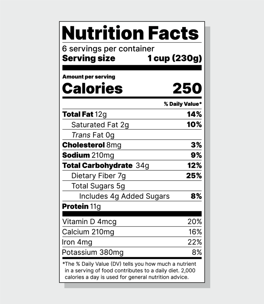 Nutritional label for a food product that show serving size, calories, total fat, and other information.