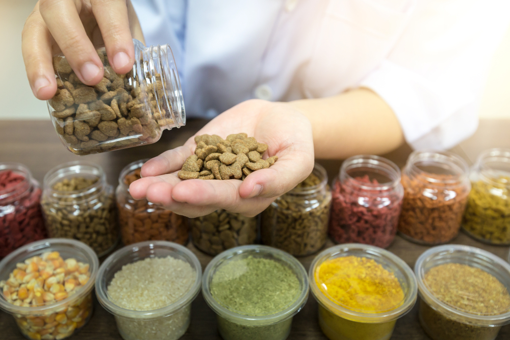 Person pouring pet food from a small jar into their hand with several rows of pet food and ingredients in jars on a table.  