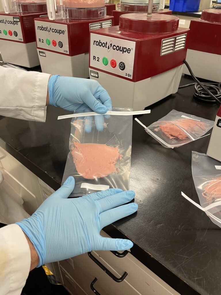 Microbiologist preparing a sample in a plastic bag for food testing in a food testing lab.  