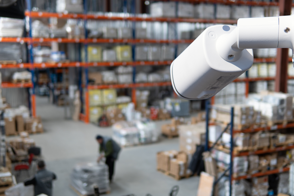 Closed caption television camera monitoring warehouse as part of a food defense plan.