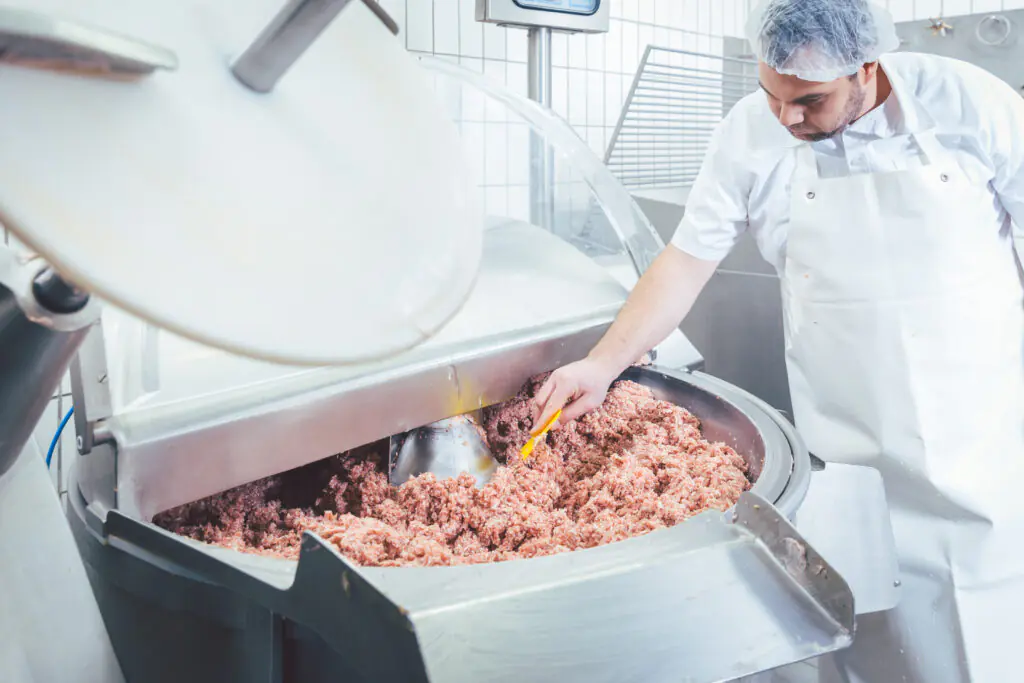 Person in white uniform and apron inspecting ground meat in food processing facility.  