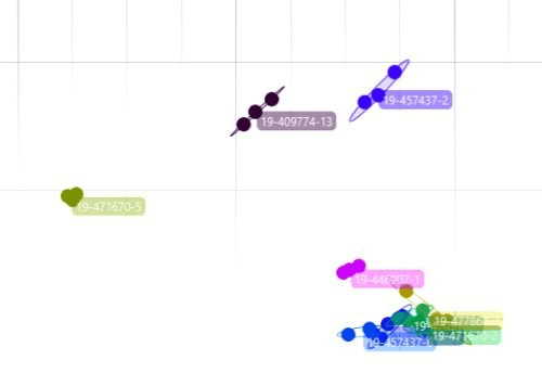 Scatter plot with color-coded clusters; points labeled with IDs, concentrated in bottom-right with a few mid-top points. Distance matrix depicting the relatedness of different microbial strains.