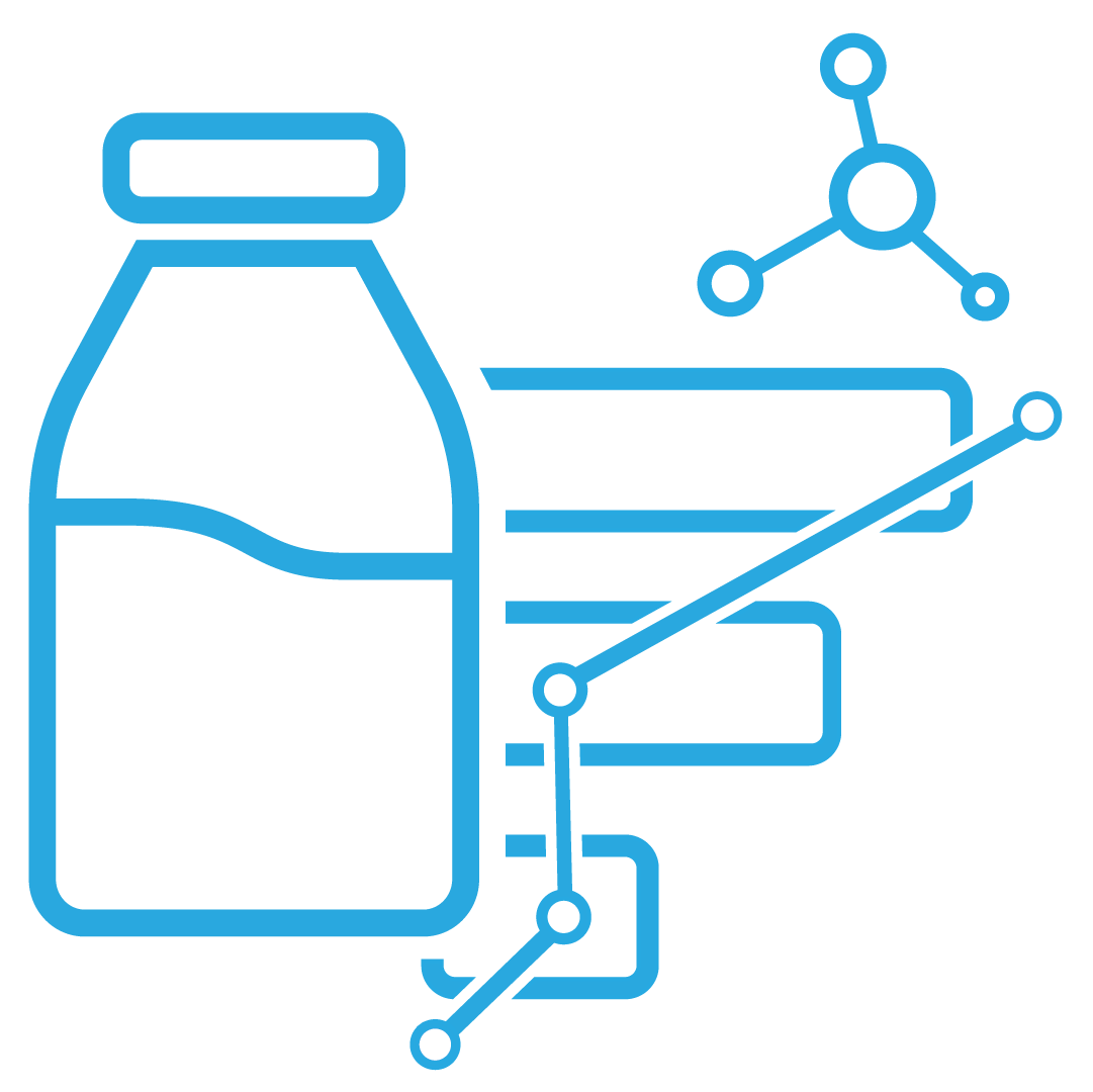 Blue outline icon of a medicine bottle with pills and a connected molecular structure, representing pharmaceutical chemistry.