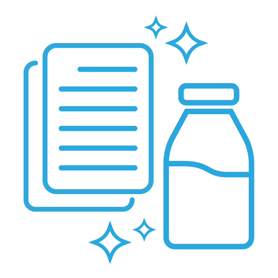 Icon depicting a document and a bottle with sparkles, suggesting cleaning or a cleaning product.