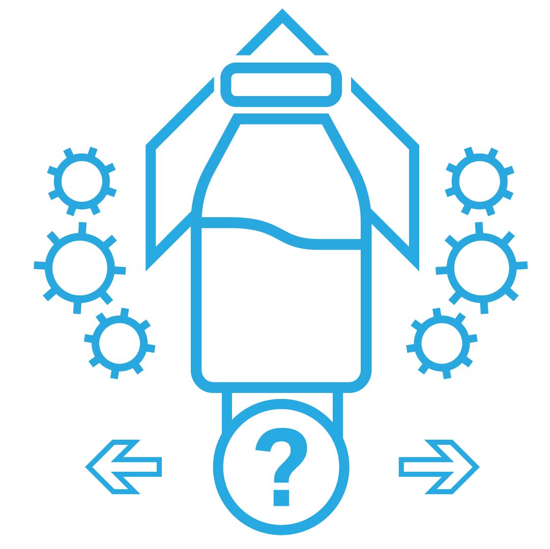 Line drawing of a rocket with gears on both sides and a question-mark circle at the base, arrows pointing left and right.