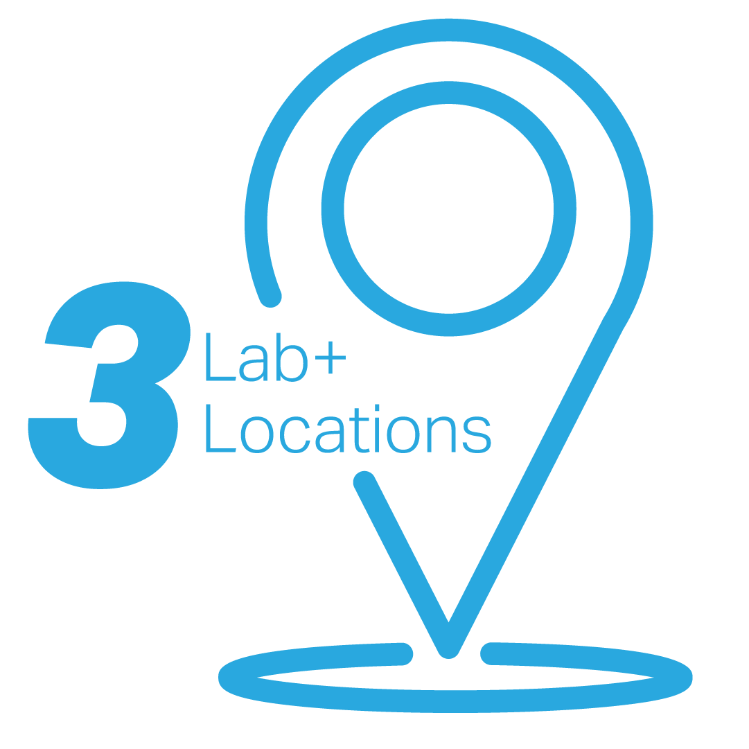 Logo showing a blue map pin with the text '3 Lab+ Locations' indicating three locations.