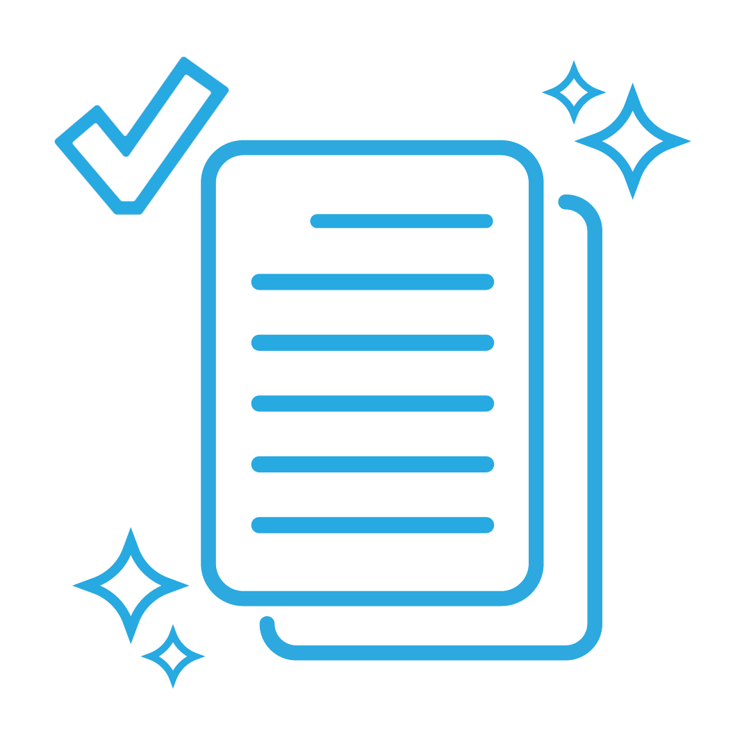 Blue outline document with a checkmark and sparkles, symbolizing an approved or polished document