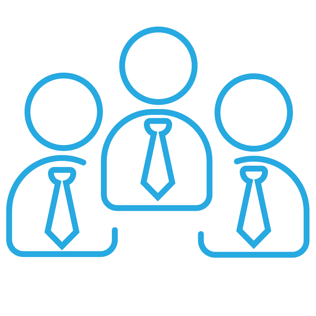 Three blue outlined figures in business attire representing a team or group of colleagues.