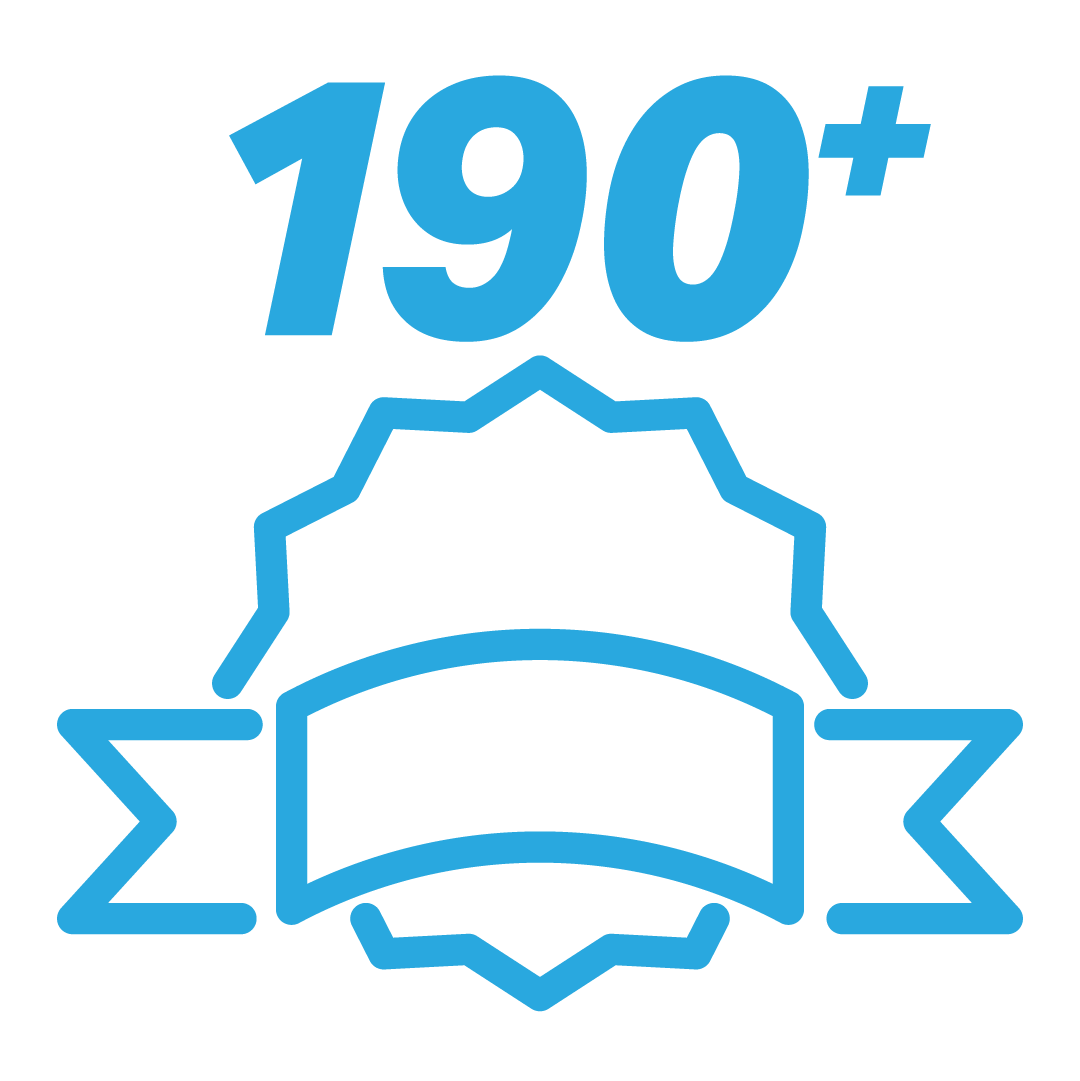 Milestone badge icon showing '190+' in blue with a ribbon-shaped award outline on a black background, indicating a count or achievement.
