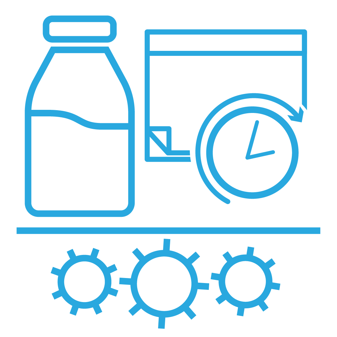 Blue line illustration of a medicine bottle, a document with a clock, and three gears under a dividing line, representing pharmaceutical production and scheduling.